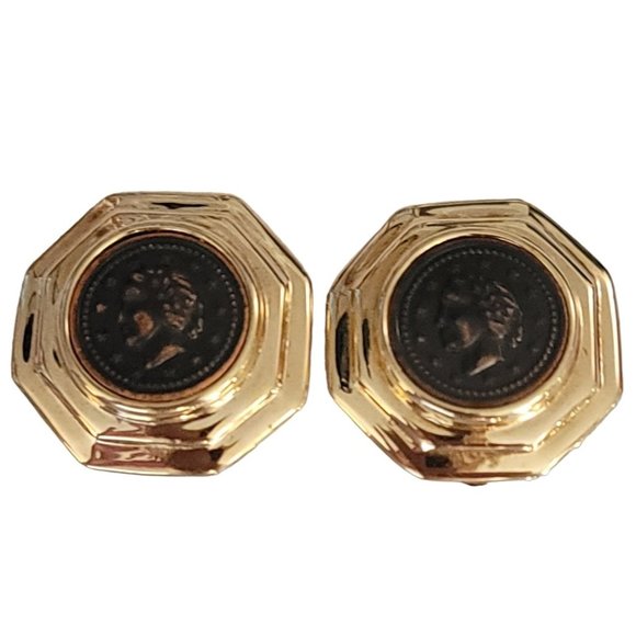 Gold Tone Copper Color Coin Face Clip On Earrings K652 - Picture 2 of 7